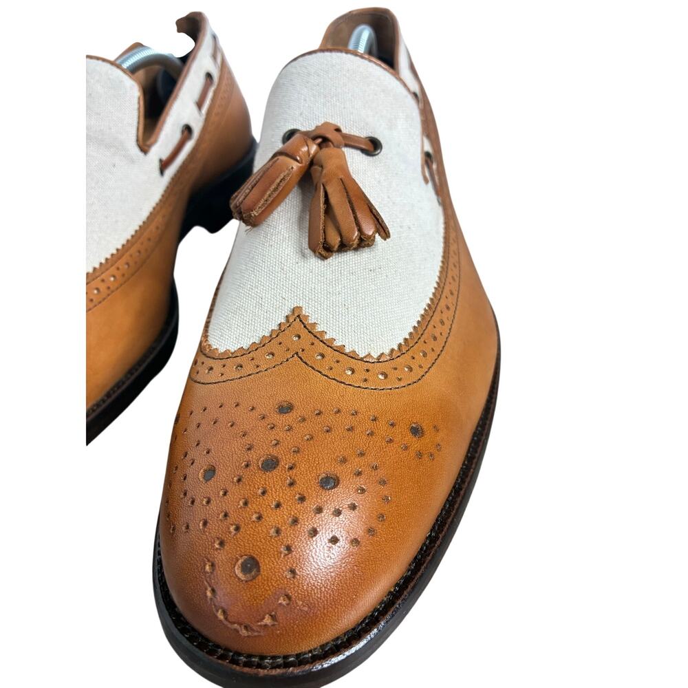 Paul Frederick Men's Size 9M Two Tone Leather Canvas Italian Tasseled Loafer - Picture 5 of 14